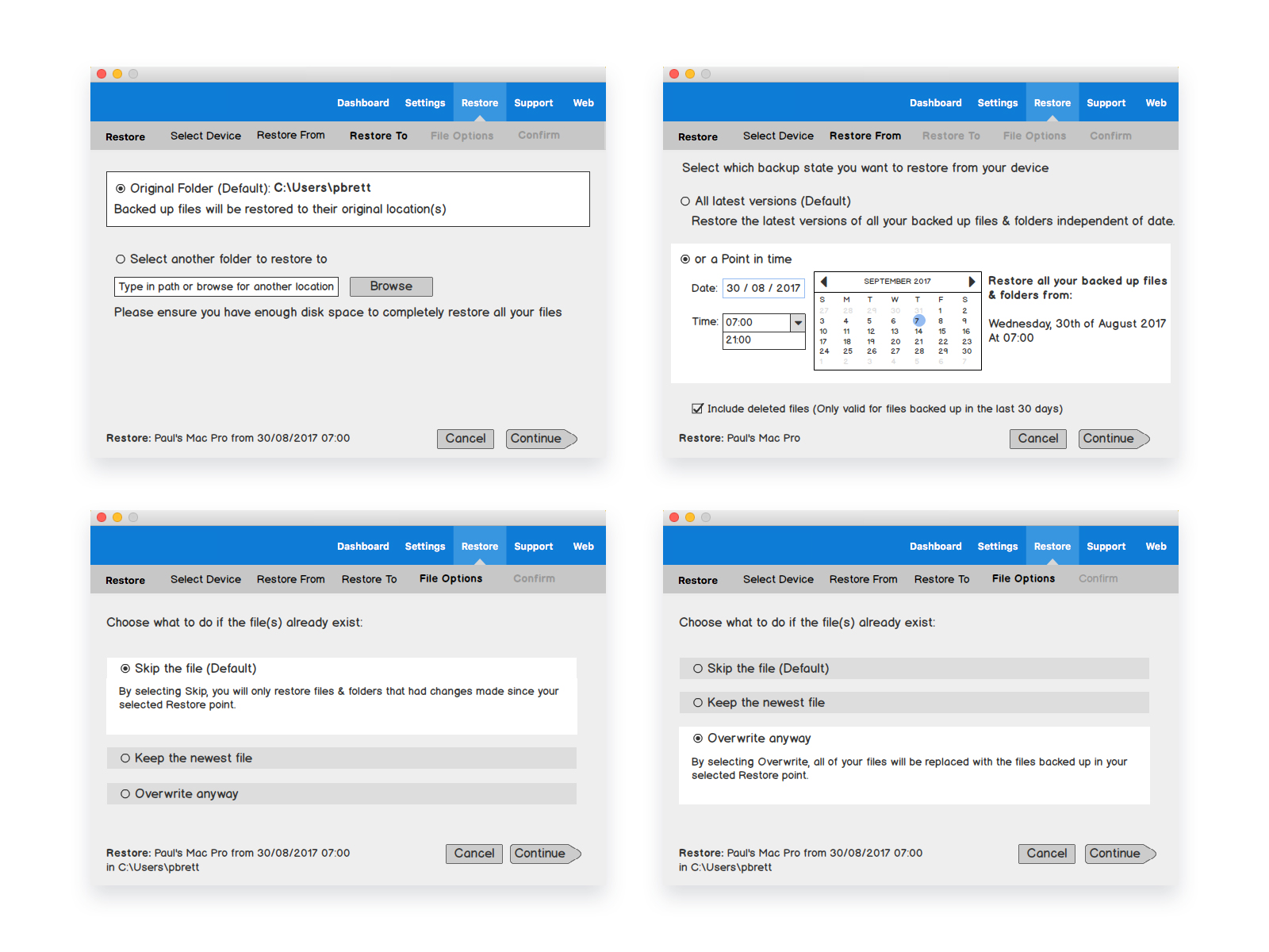 Low-fi restore feature wireframes